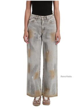 Rhinestone Wide Leg High Waisted Denim Jeans